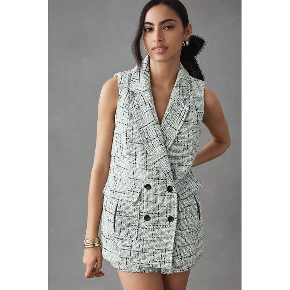 Anthropologie Maeve Tweed Vest White Black US 0 Chic Business Career Classic - Picture 1 of 14